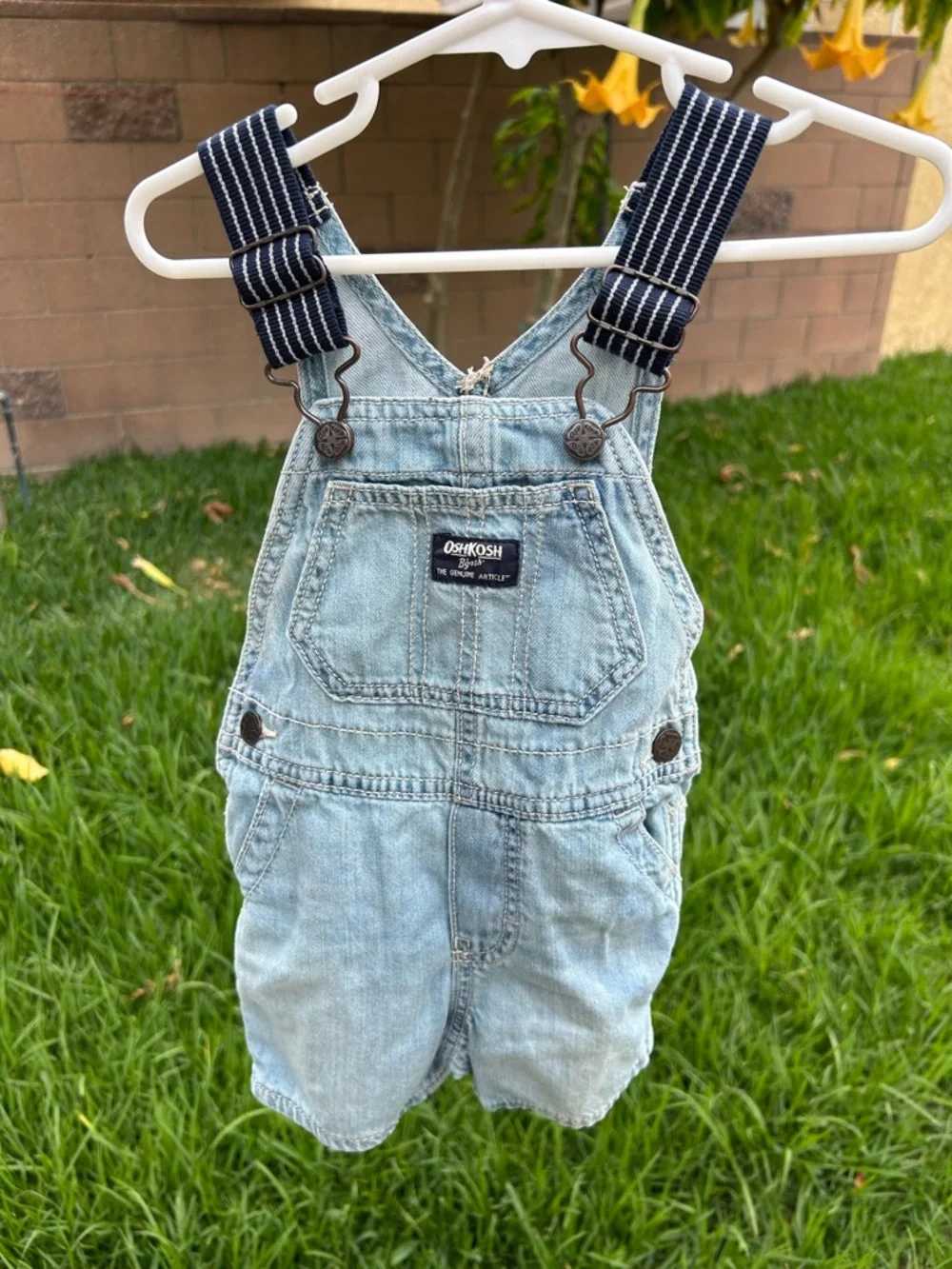 OshKosh B'gosh Light Blue Denim Short Overalls with Navy Striped Straps